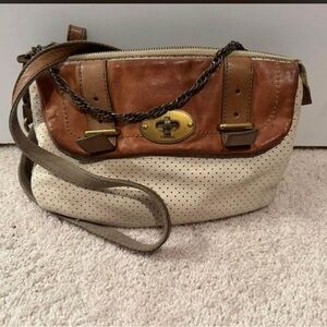 Fossil Two-Tone Cream and Brown Leather Crossbody with Turn-Lock